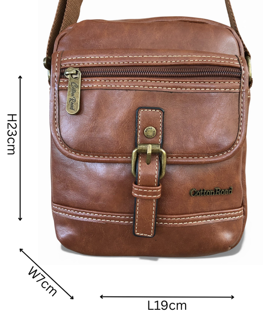 Cotton Road Sling Bag: BROWN PU Leather Sling Bag with Buckle detailing