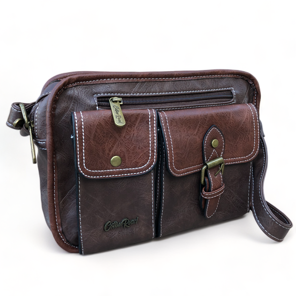 Cotton Road Sling Bag: BROWN PU Leather with Buckle detailing