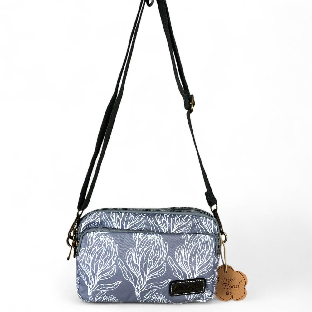 Cotton Road Sling Bag: GREY Canvas Mini Sling Bag with PROTEAS