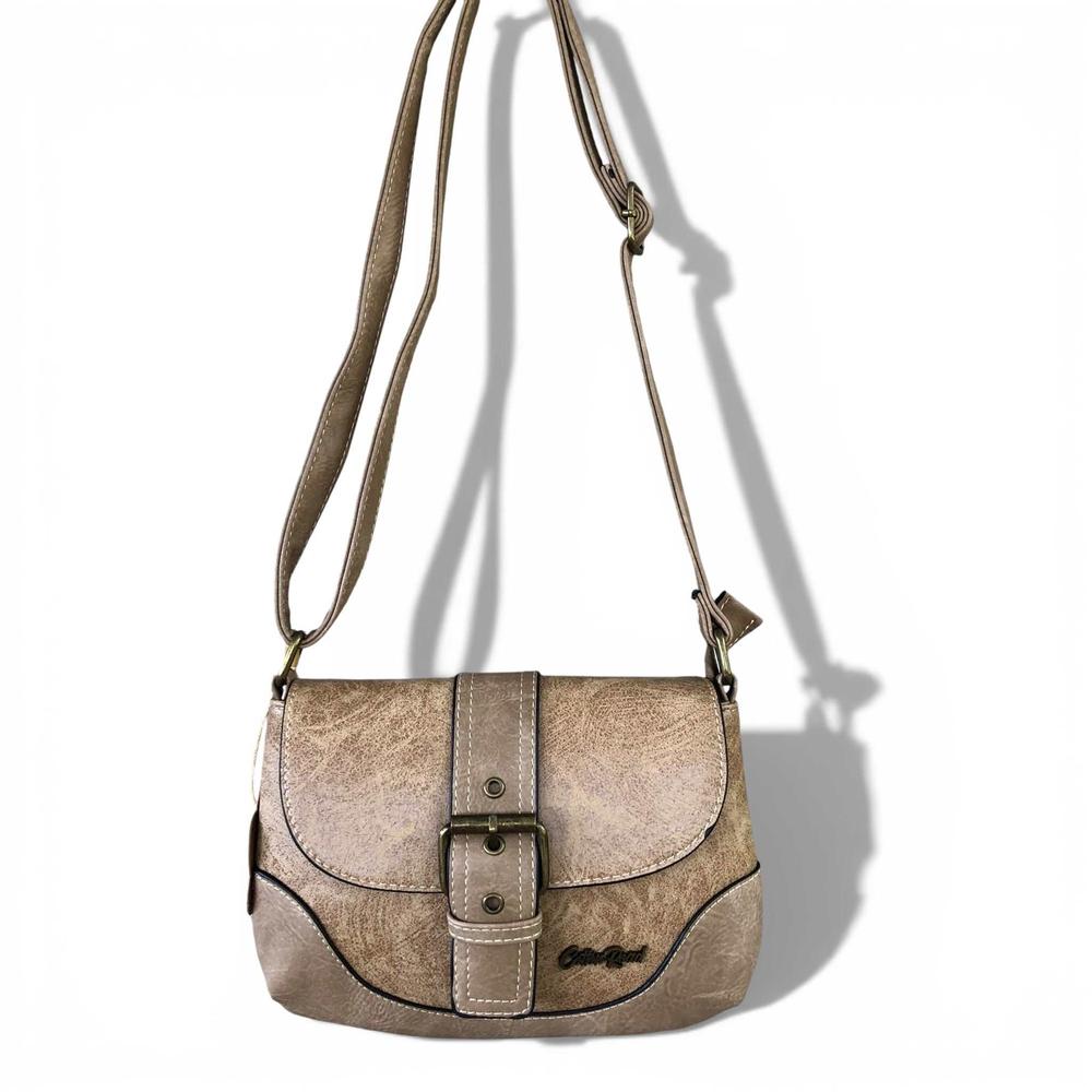 Cotton Road Sling Bag: KHAKI PU Leather Sling Bag with BUCKLE CLIP