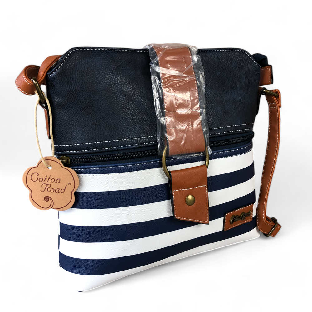 Cotton Road Sling Bag: NAVY BLUE and WHITE PVC Sling Bag with STRAP detailing