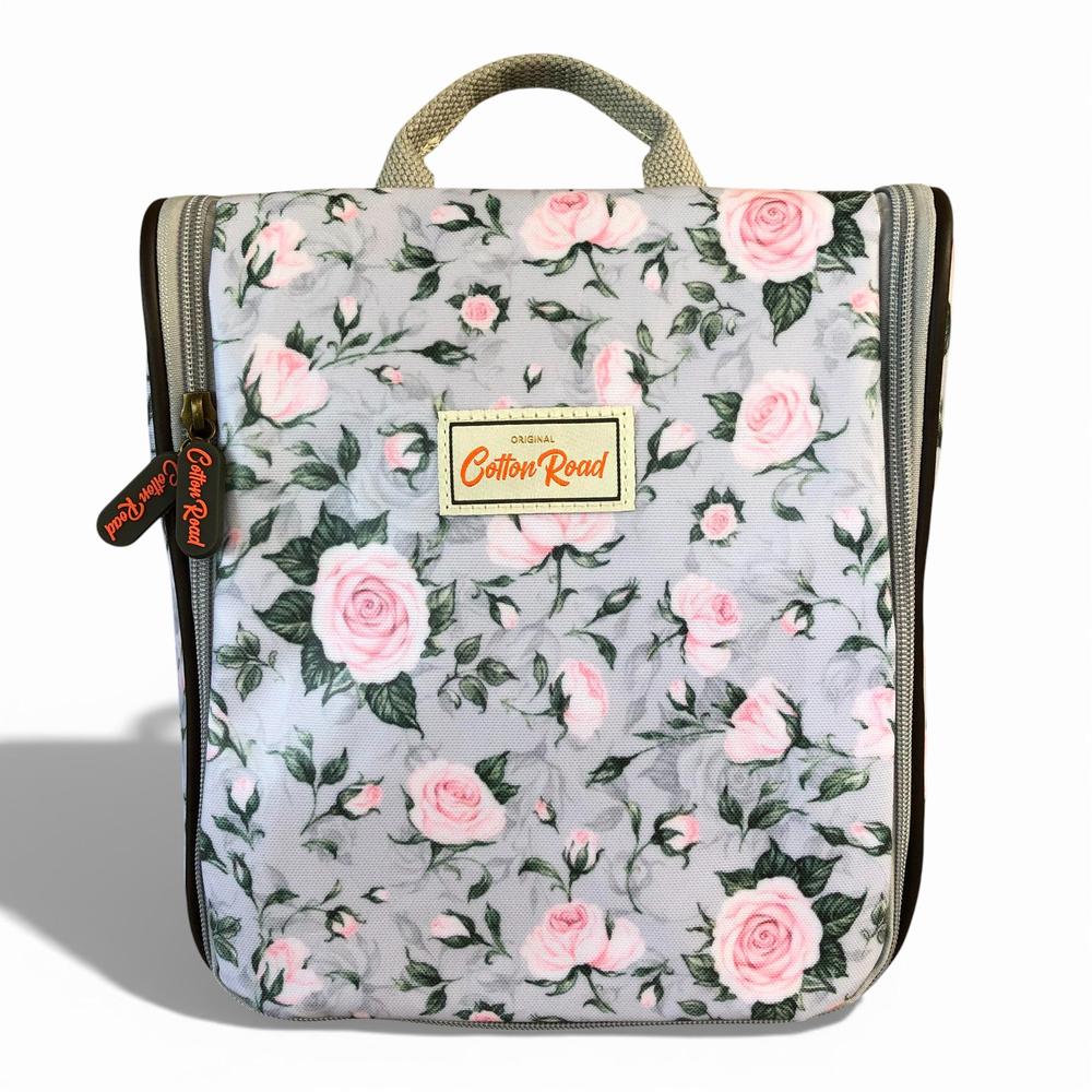 Cotton Road Toiletry Bag: GREY PVC Hanging Vanity Bag with PINK ROSES