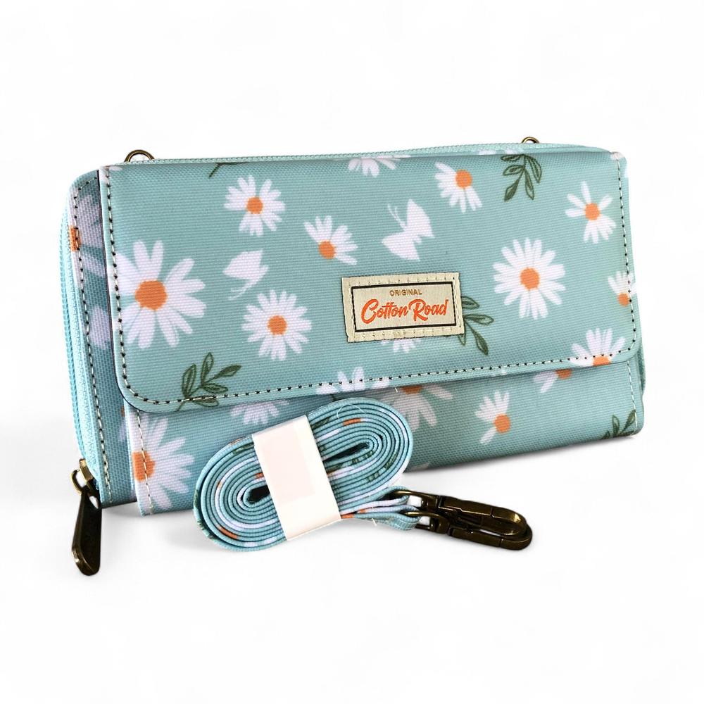 Cotton Road Wallet: Large BLUE PVC Cellphone Sling Wallet with DAISIES