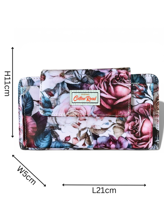 Cotton Road Wallet: Large PINK FLORAL PVC Cellphone Sling Wallet with sizes indicated