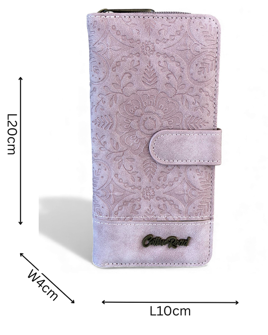 Cotton Road Wallet: Large PINK PU Leather Wallet with EMBOSSED Print