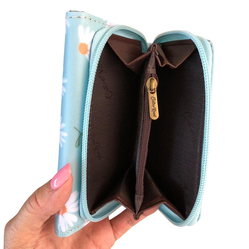 Cotton Road Wallet: Small BLUE PVC Tri-fold Wallet with DAISIES