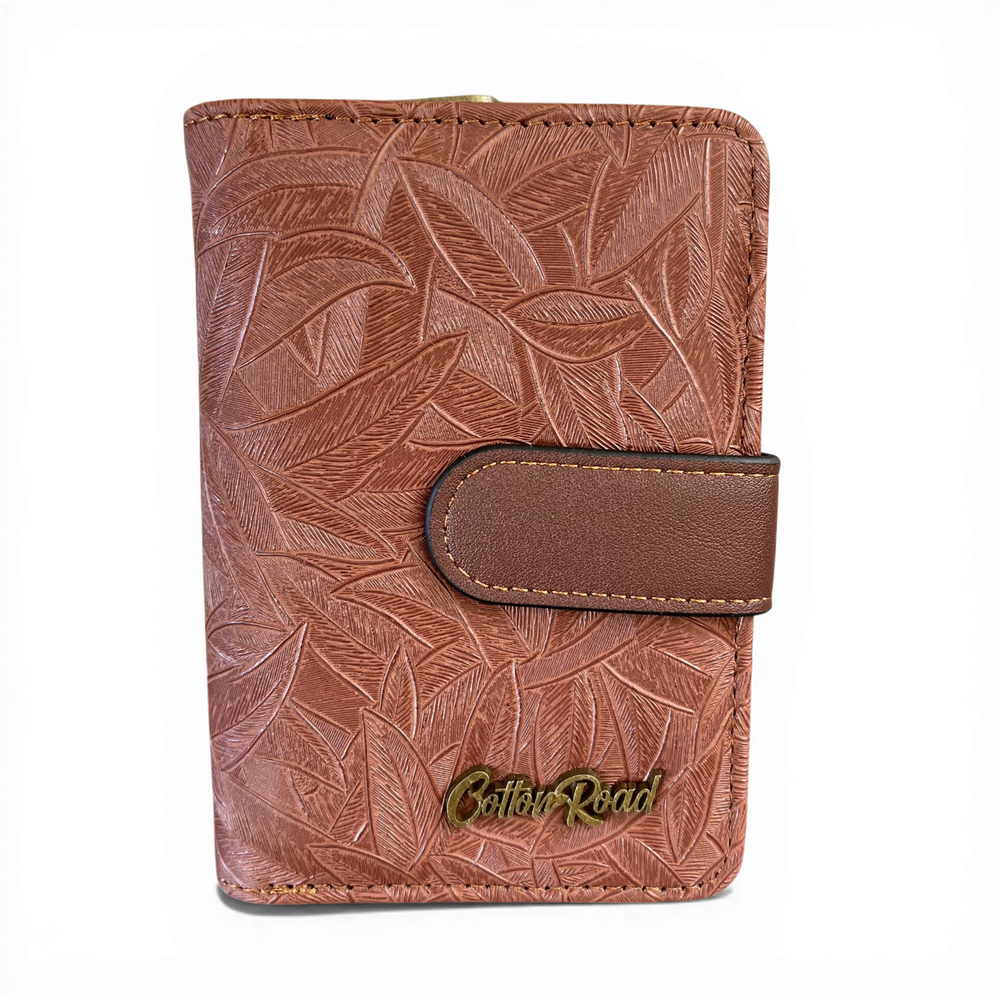 Cotton Road Wallet: Small BROWN Patterned PU Leather with CLIP