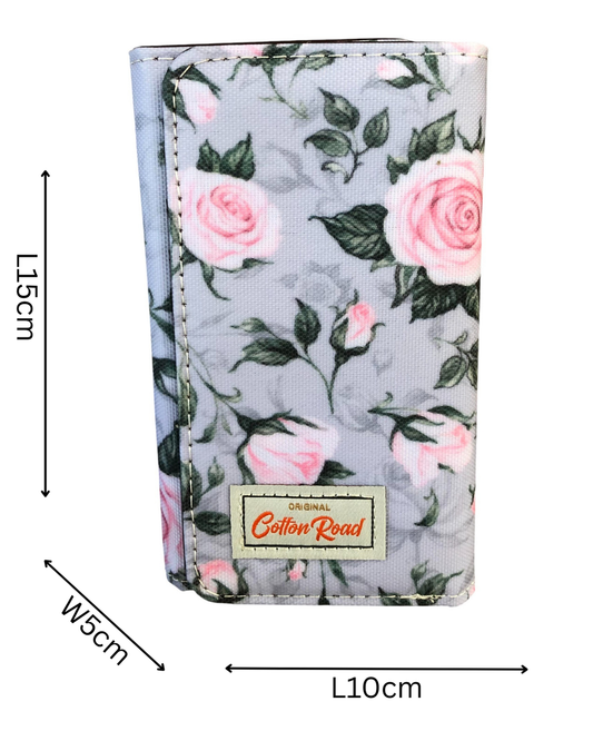 Cotton Road Wallet: Small GREY PVC Tri-fold Wallet with ROSES