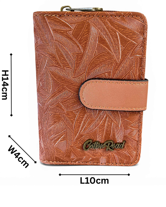 Cotton Road Wallet: Small TAN Patterned PU Leather with CLIP