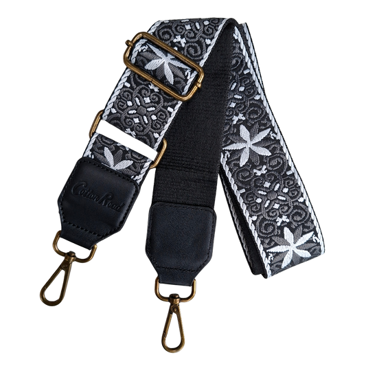 Cotton Road Adjustable Bag Strap: BLACK & WHITE Pattern with Logo Detail zoom