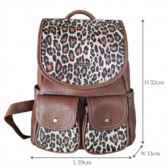 Cotton Road Backpack: BROWN PU Leather with LEOPARD Print