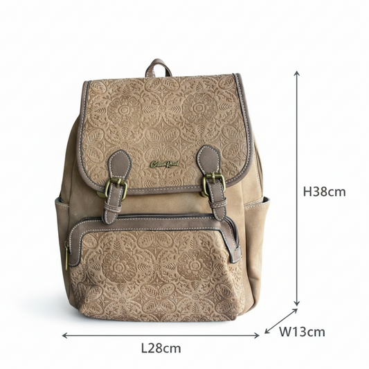 Cotton Road Backpack: BROWN Suede-Style PU Leather with Embossed Print SIZE