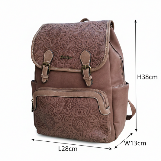 Cotton Road Backpack: COFFEE BROWN Suede-Style PU Leather with Embossed Print