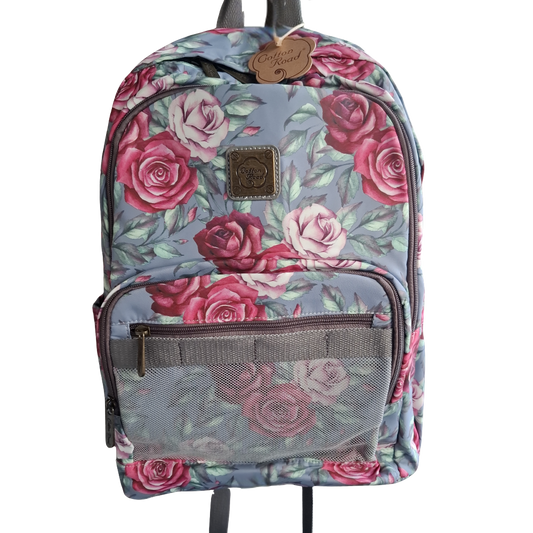 Cotton Road Backpack: GREY Canvas Backpack with PINK ROSES