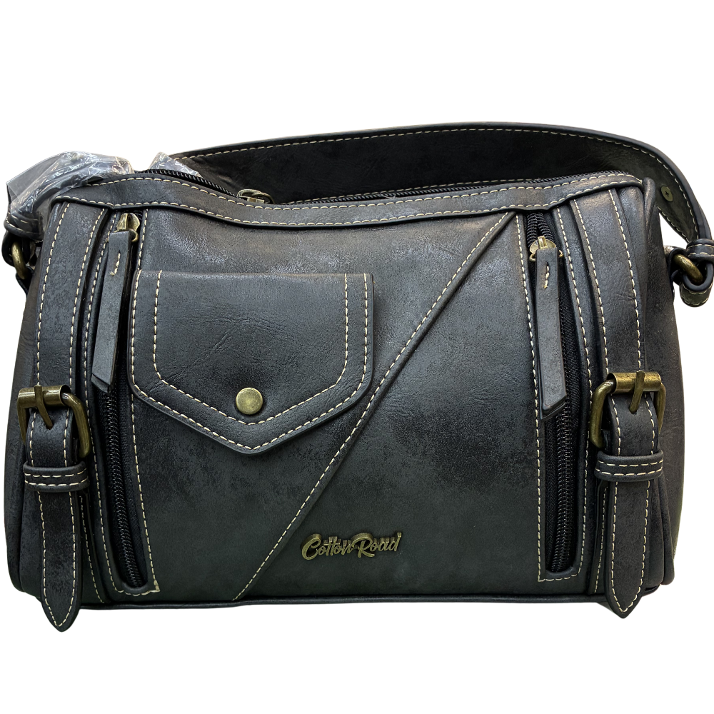 Cotton Road Barrel Sling Bag: BLACK PU Leather CROSSBODY with branded strap