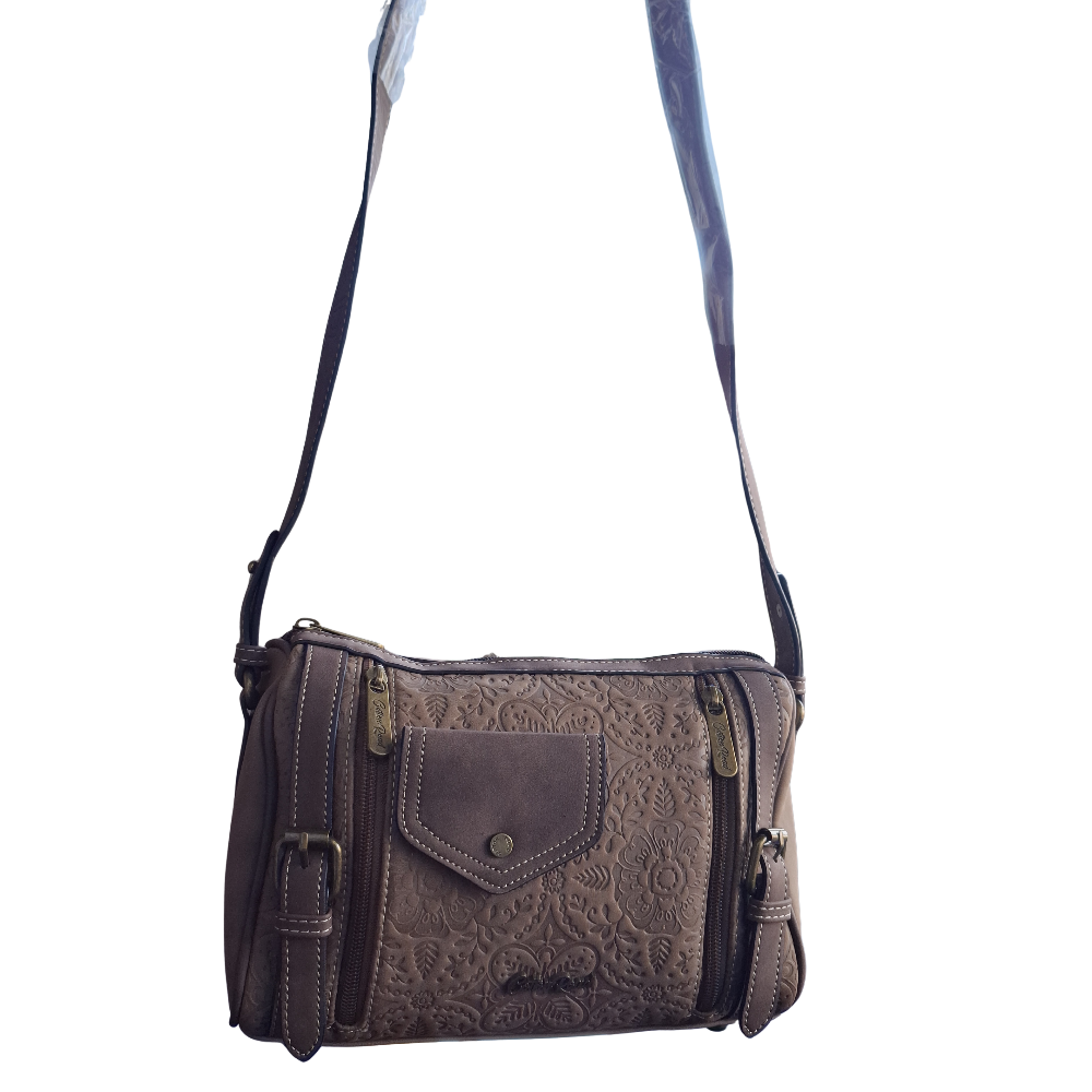Cotton Road Barrel Sling Bag: COFFEE BROWN Suede-Style PU Leather with Embossed Print HANGING