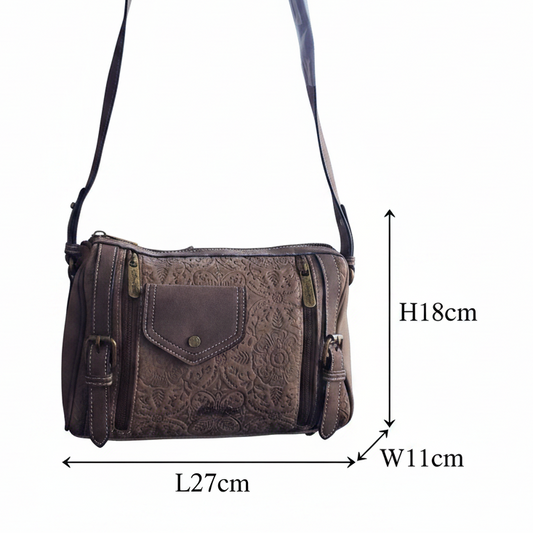Cotton Road Barrel Sling Bag: COFFEE BROWN Suede-Style PU Leather with Embossed Print SIZE