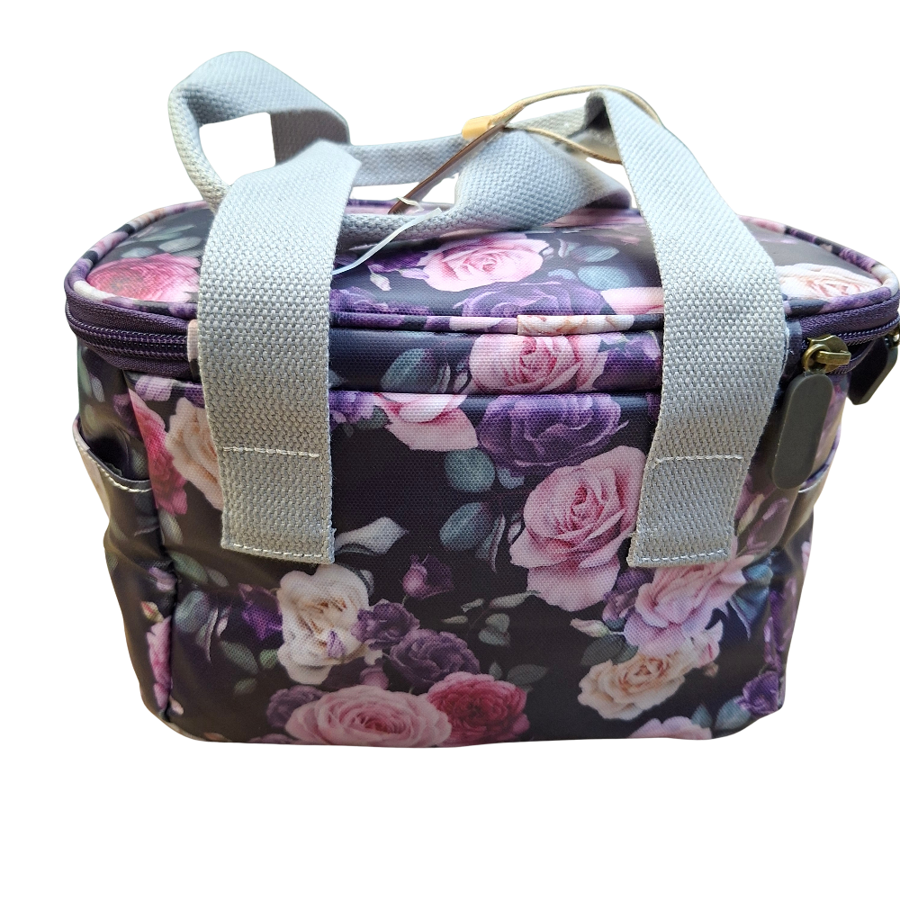 Cotton Road Cooler Bag: PURPLE PVC Insulated Lunch Box with ROSES BACK VIEW