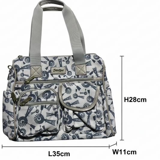 Cotton Road Handbag: BEIGE Canvas Handbag with BLUE WINDMILLS SIZED