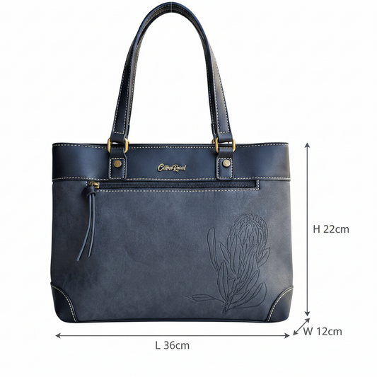 Cotton Road Handbag: BLACK PU Leather Double Compartment Handbag with EMBOSSED Protea size