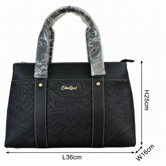 Cotton Road Handbag: BLACK PU Leather with Embossed Leaf Design SIZED