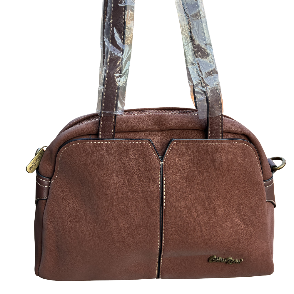 Cotton Road Handbag: BROWN PU Leather Dome Shoulder Bag with Black Trim FRONT
