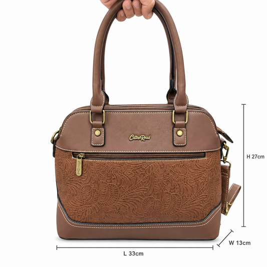 Cotton Road Handbag: BROWN PU Leather Triple-Compartment Satchel with Vine Embossed Panel