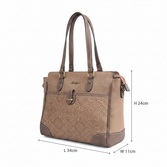 Cotton Road Handbag: BROWN PU Leather with Embossed Pattern
