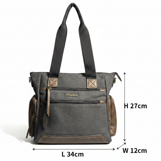 Cotton Road Handbag: Black Canvas & PU Leather Multi-pocket Shoulder Bag SIZE