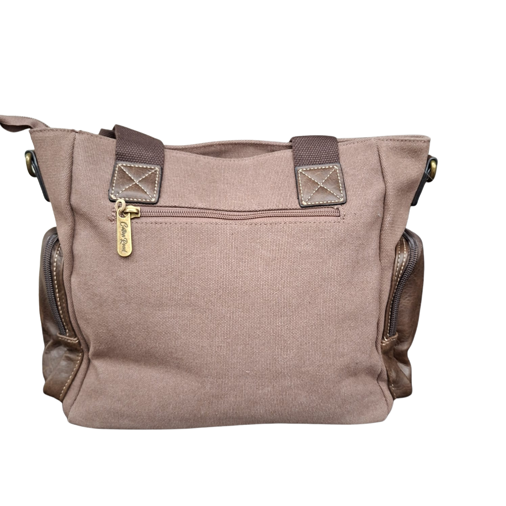 Cotton Road Handbag: COFFEE BROWN Canvas & PU Leather Multi-pocket Shoulder Bag BACK VIEW