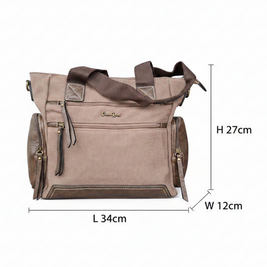 Cotton Road Handbag: COFFEE BROWN Canvas & PU Leather Multi-pocket Shoulder Bag SIZE