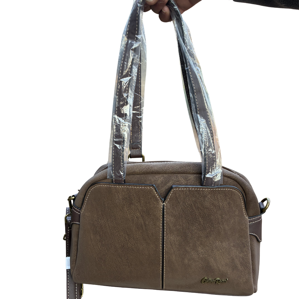 Cotton Road Handbag: COFFEE BROWN PU Leather Dome Shoulder Bag with Black Trim HANGING