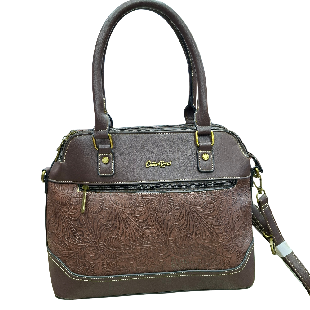 Cotton Road Handbag: COFFEE BROWN PU Leather Triple-Compartment Satchel with Vine Embossed