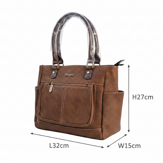 Cotton Road Handbag: COFFEE BROWN Soft PU Leather Double Compartment bag size