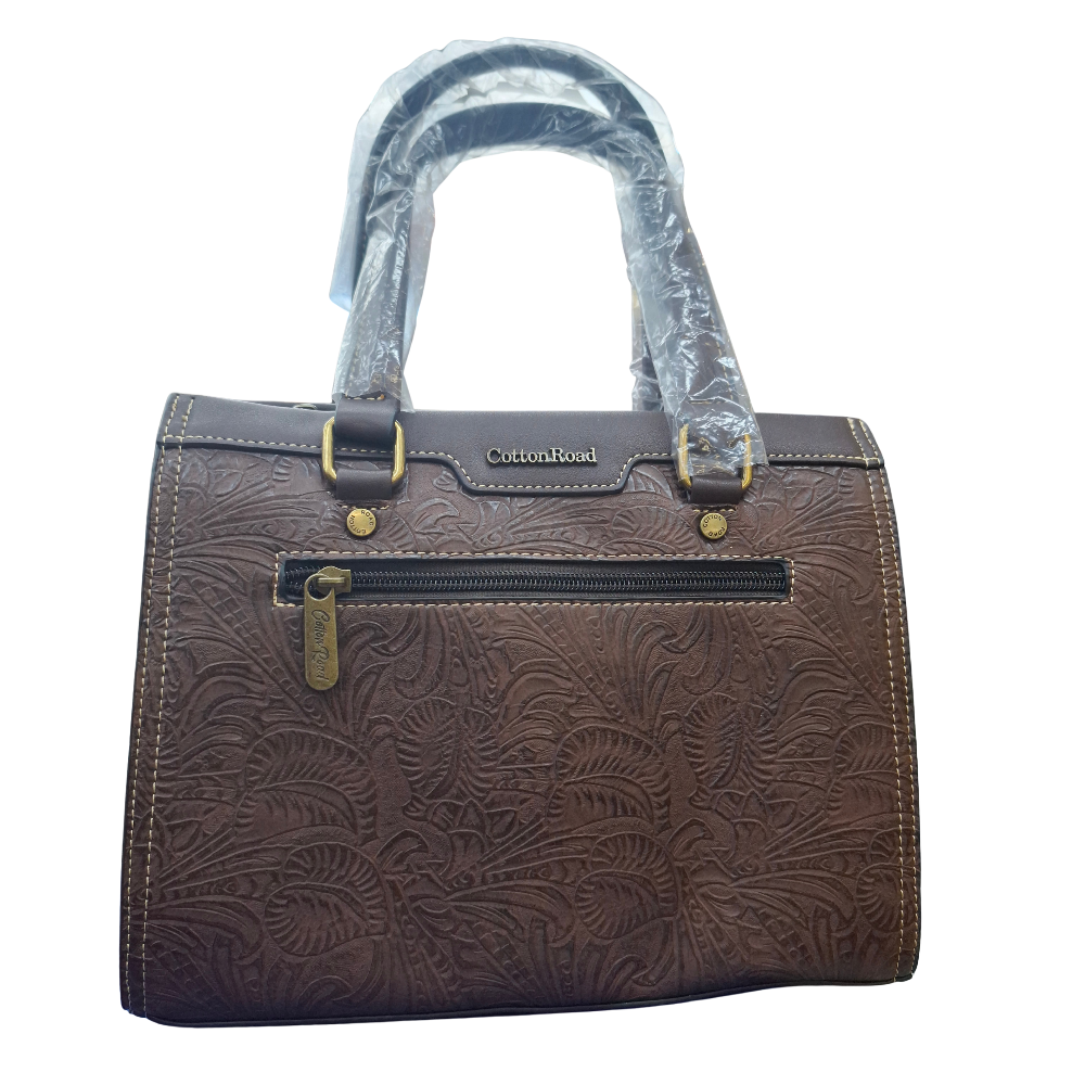 Cotton Road Handbag: Classic-Style COFFEE BROWN PU Leather with Embossed Pattern