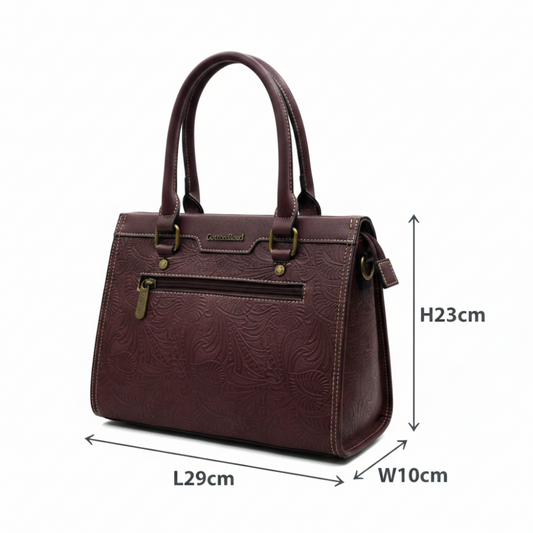 Cotton Road Handbag: Classic Style Red PU Leather with Embossed pattern SIZE