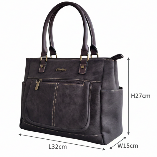 Cotton Road Handbag: DARK COFFEE BROWN Soft PU Leather Double Compartment bag SIZE