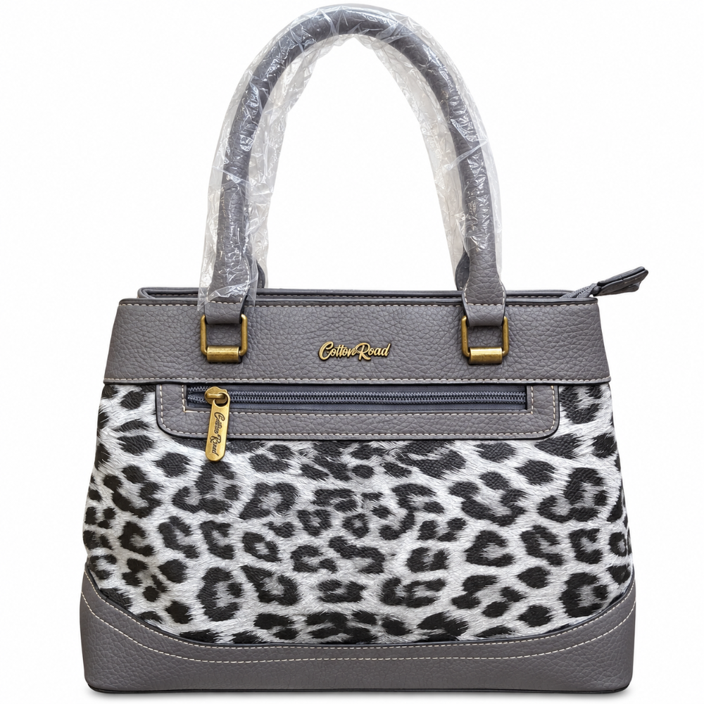 Cotton Road Handbag: GREY PU Leather Trapeze Tote with LEOPARD PRINT