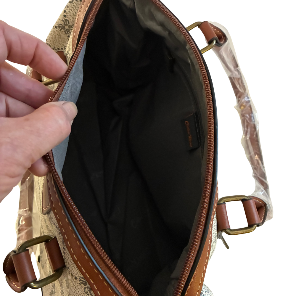 Cotton Road Handbag: Ivory Beige Barrel bag with brown PU Leather trim and detailing OPEN VIEW