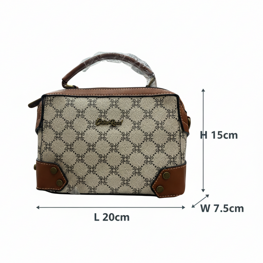 Cotton Road Handbag: Ivory Beige Mini Handbag with PU Leather trim and detailing front