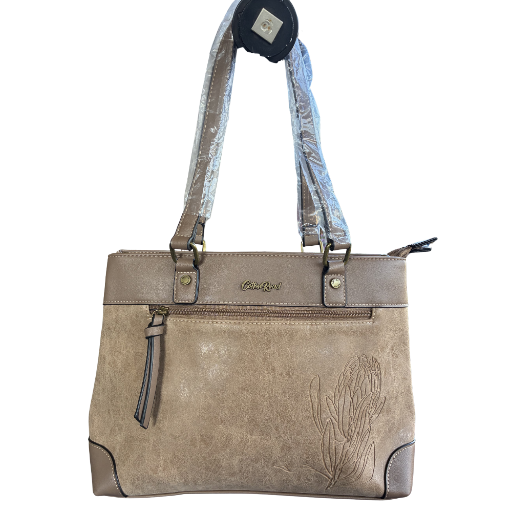 Cotton Road Handbag: KHAKI PU Leather Double Compartment Handbag with EMBOSSED Protea