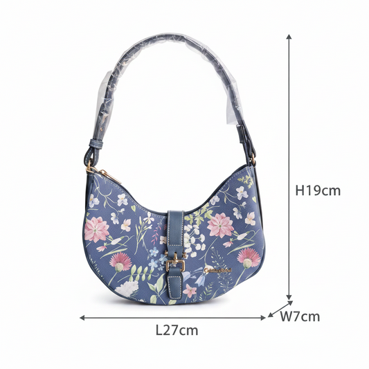 Cotton Road Handbag: Small BLUE Floral PU Leather with Adjustable strap SIZE