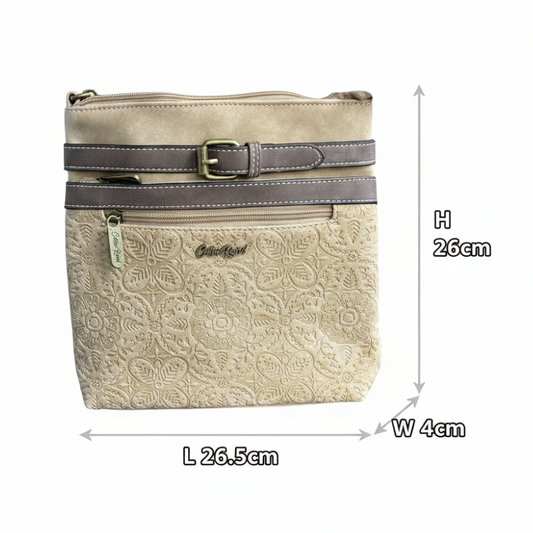 Cotton Road Sling Bag: BEIGE PU Leather Crossbody with Embossed Pattern