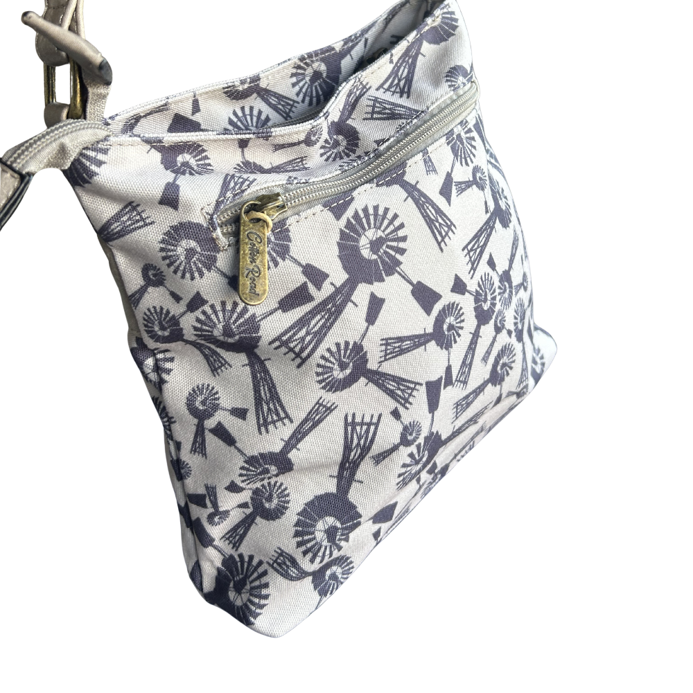 Cotton Road Sling Bag: BEIGE WINDMILL PRINT Canvas with PU Leather Trim BAG back view