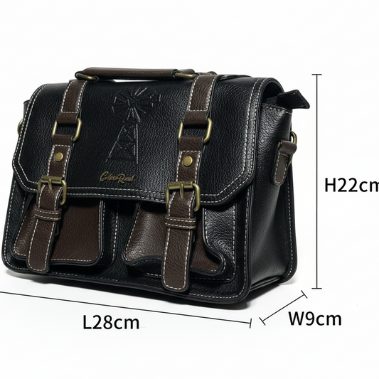 Cotton Road Sling Bag: BLACK PU Leather Bag with brown Trim and embossed Windmill sized