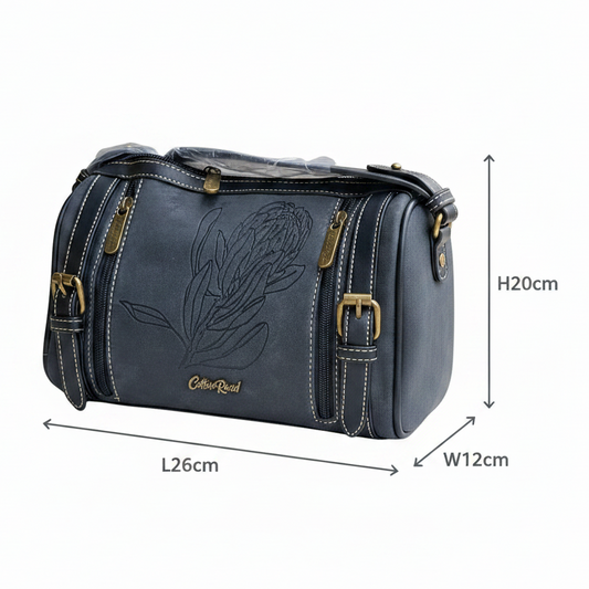 Cotton Road Sling Bag: BLACK PU Leather with Embossed PROTEA and BRANDED Strap SIZED