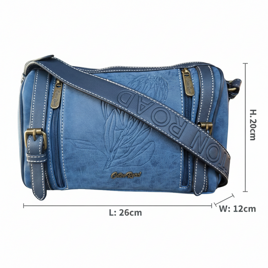 Cotton Road Sling Bag: BLUE PU Leather with Embossed PROTEA and BRANDED Strap