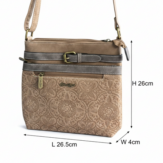 Cotton Road Sling Bag: BROWN PU Leather Crossbody with Embossed Pattern SIZE