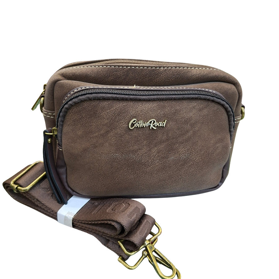 Cotton Road Sling Bag: COFFEE BROWN Mini Crossbody with Branded Strap SET