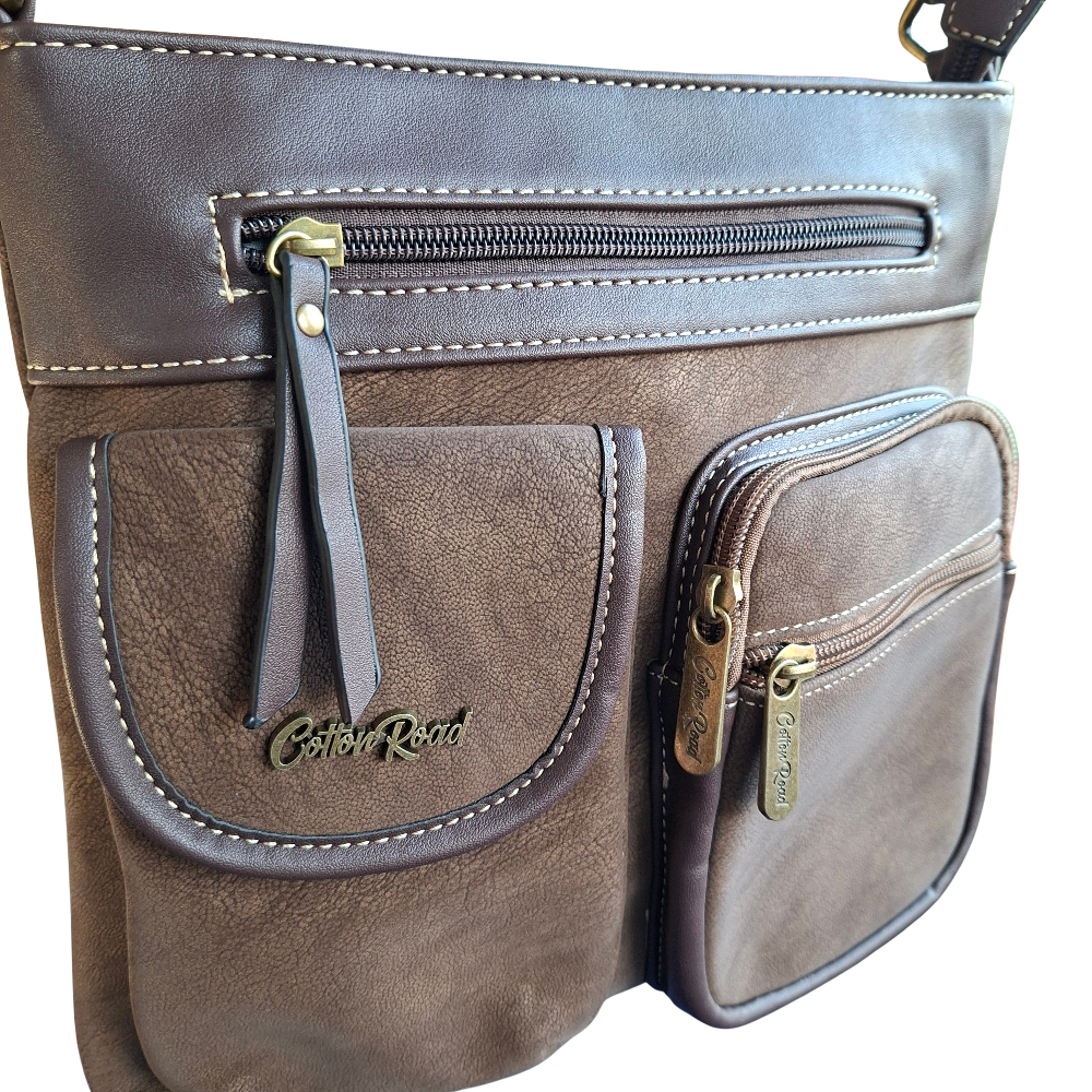 Cotton Road Sling Bag: COFFEE BROWN Multi-pocket Crossbody with Adjustable Strap